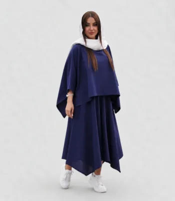 ست شومیز دامن شلواری زنانه لینن خنک سرمه ای طرح لاکچری با شال سفید و کتانی اسپرت